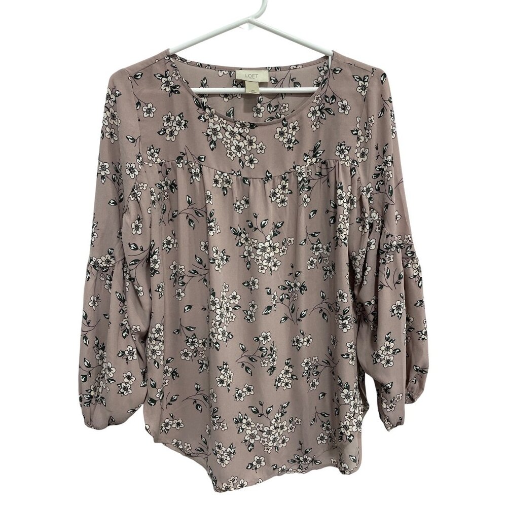 LOFT Blouse Size XS Floral 3/4 Sleeve Round Neck Mauve White Polyester Bohemian